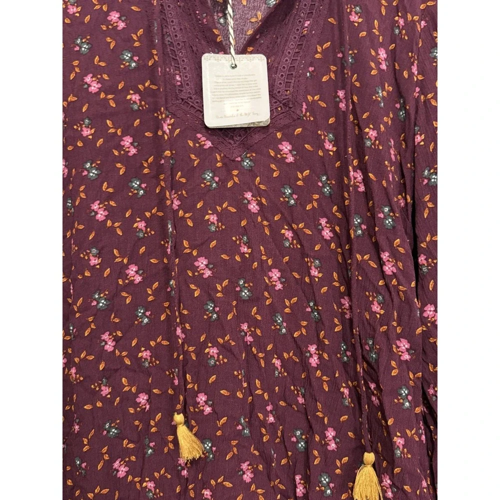 Matilda Jane Dress Womens XS Purple Floral‎ V Neck Tassel Boho Shift 3/4 Sleeve